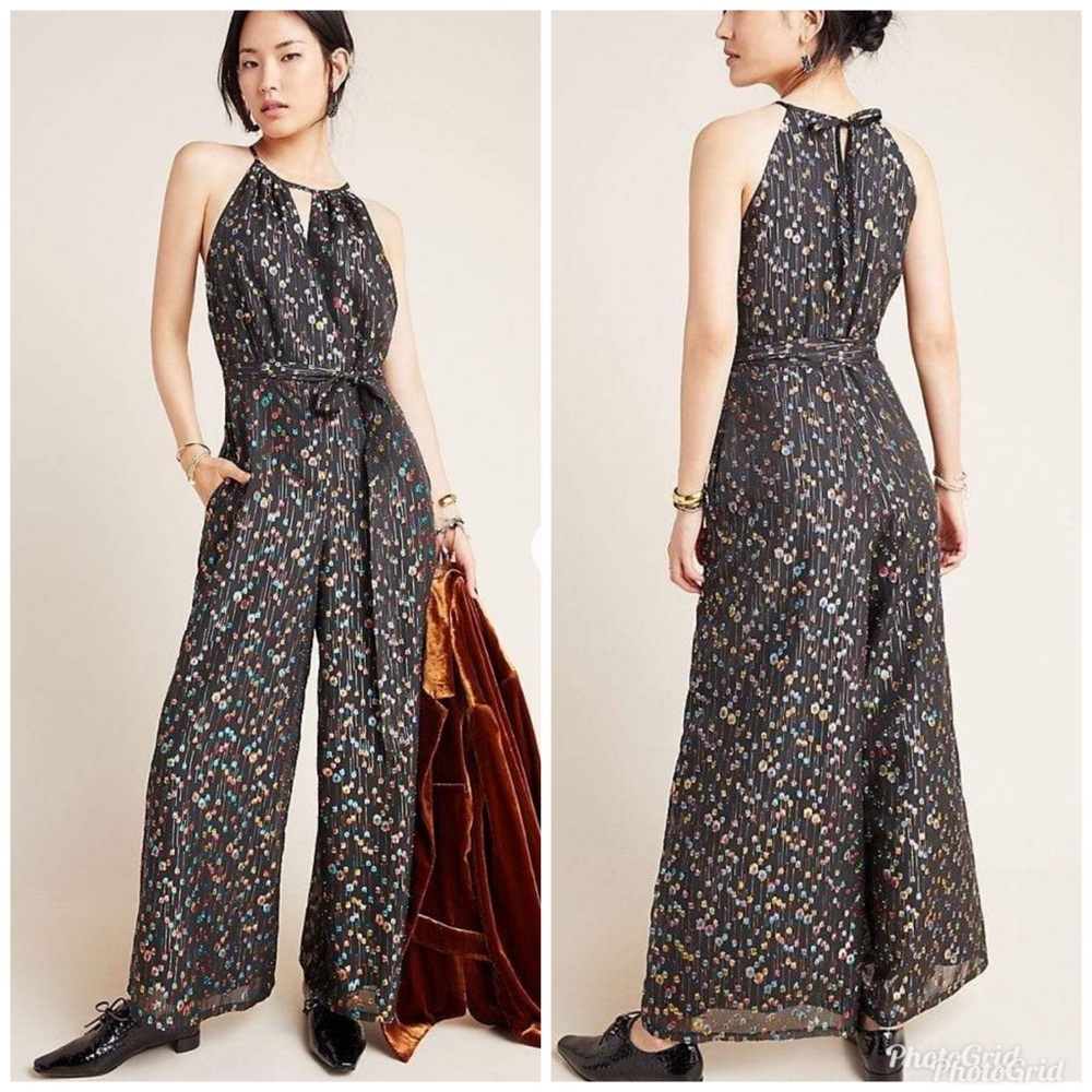 Eva Franco Edita Halter Metallic Clip Dot Jumpsuit, sparkly black size 12